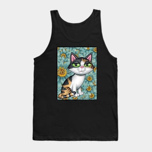 Cute Calico Kitty Cat with yellow and green flowers Tank Top